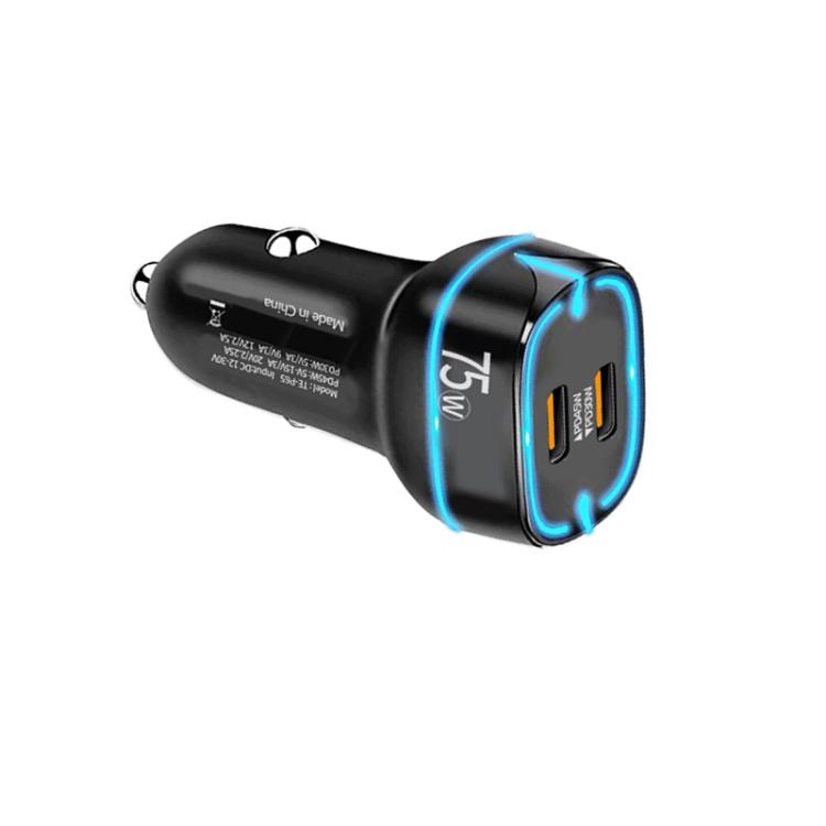 Cargador de coche PD45W + PD30W de doble puerto tipo C con cable de datos USB-C a USB-C (negro)