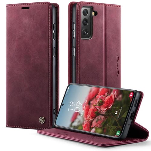 Funda CaseMe 033 para Samsung Galaxy S21 5G, forro de piel de becerro, microfibra, con bloqueo RFID (roja)