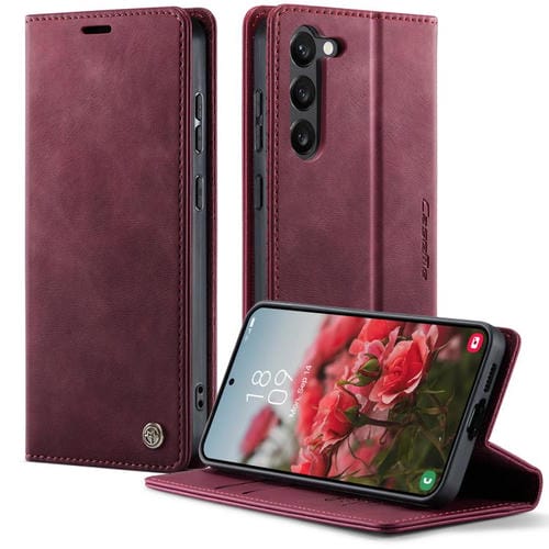 Funda CaseMe 033 para Samsung Galaxy S23+ 5G, forro de piel de becerro, microfibra, con bloqueo RFID (roja)