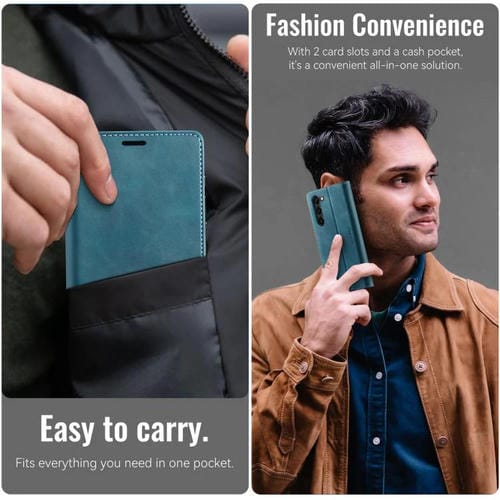 Funda CaseMe 033 para Samsung Galaxy S23+ 5G, forro de piel de becerro, microfibra, con bloqueo RFID (verde)