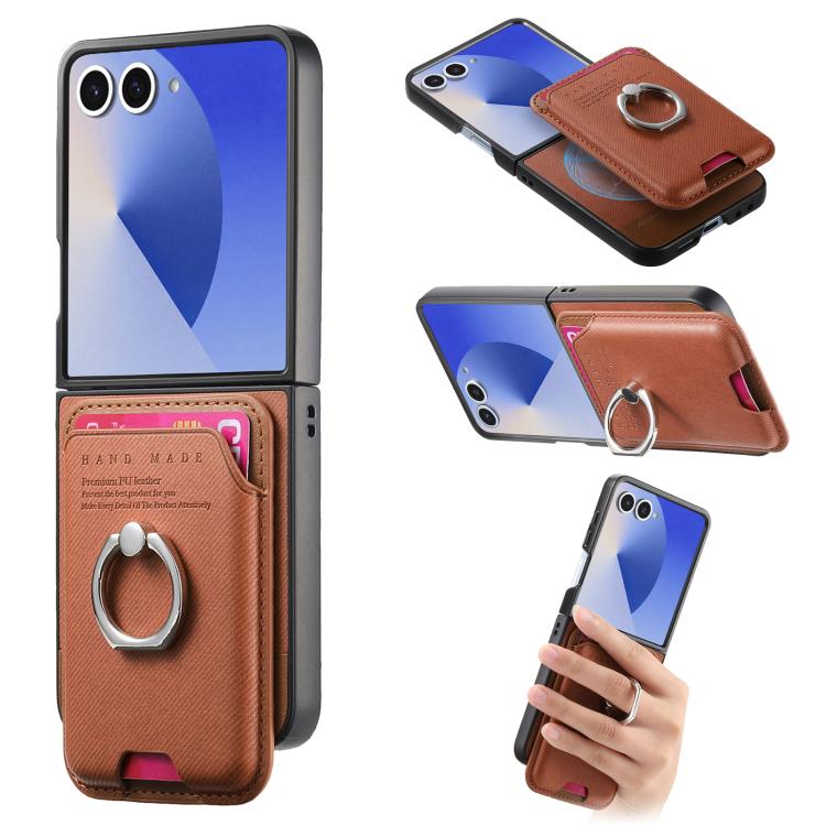 Funda de tela sarga con anillo magnético para Samsung Galaxy Z Flip7 5G (marrón)