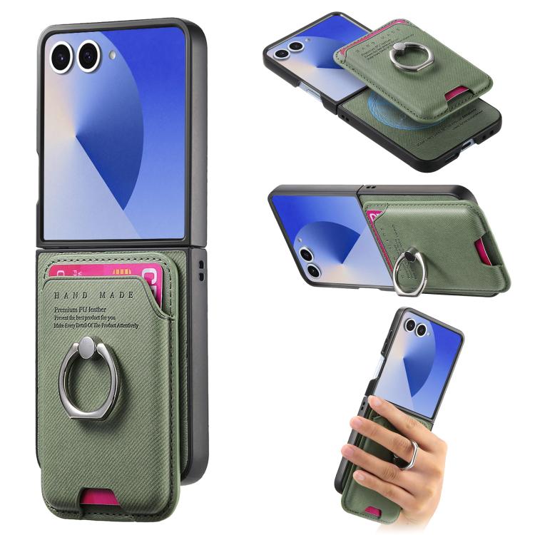 Funda magnética con anillo para Samsung Galaxy Z Flip7 5G, de tela sarga y tarjetero (verde)
