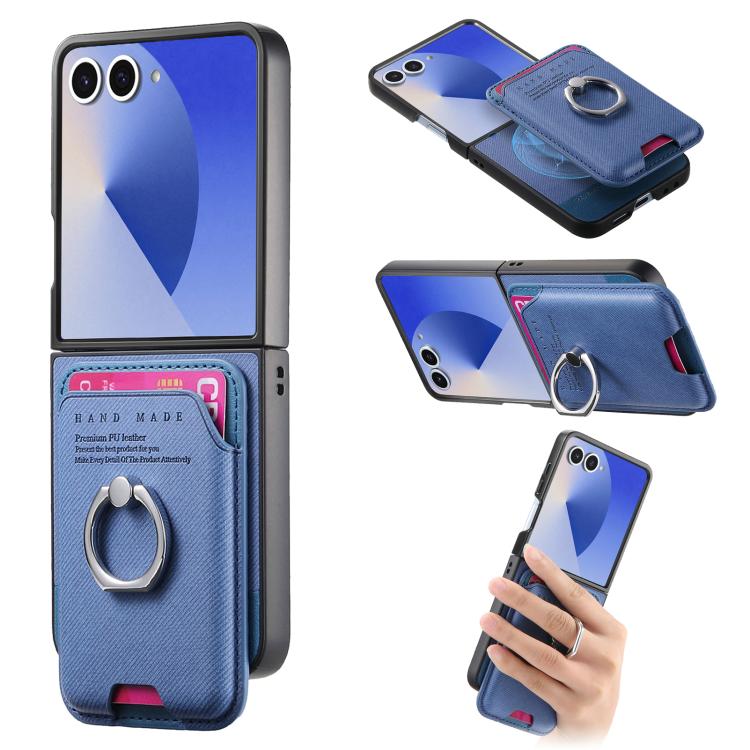 Funda magnética con anillo para Samsung Galaxy Z Flip7 5G, de tela sarga y tarjetero (azul)