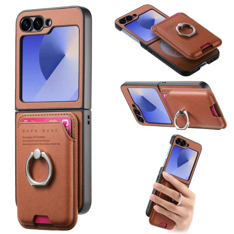 Funda de tela sarga con anillo magnético para Samsung Galaxy Z Flip6 5G (marrón)