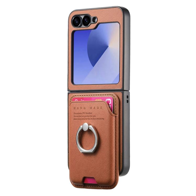 Funda de tela sarga con anillo magnético para Samsung Galaxy Z Flip6 5G (marrón)