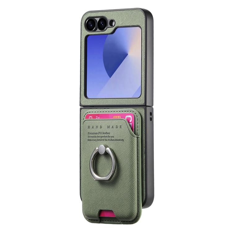 Funda magnética con anillo para Samsung Galaxy Z Flip6 5G, de tela sarga y tarjetero (verde)