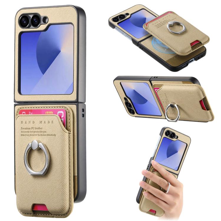 Funda de tela sarga con anillo magnético para Samsung Galaxy Z Flip6 5G (caqui)