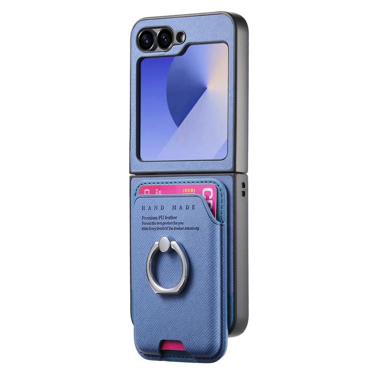 Funda magnética con anillo para Samsung Galaxy Z Flip6 5G, de tela sarga y tarjetero (azul)