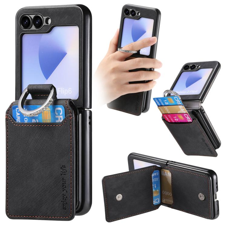 Funda tipo cartera con tapa vertical y anillo de cuero retro para Samsung Galaxy Z Flip5 5G (negro)