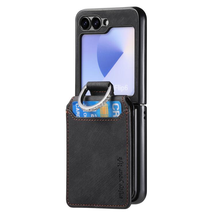 Funda tipo cartera con tapa vertical y anillo de cuero retro para Samsung Galaxy Z Flip5 5G (negro)