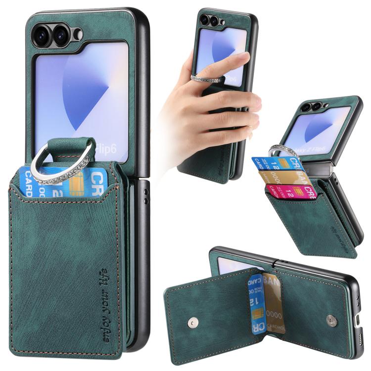 Funda tipo cartera con tapa vertical y anillo de cuero retro para Samsung Galaxy Z Flip5 5G (verde)