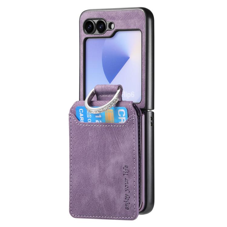 Funda tipo cartera con tapa vertical y anillo de cuero retro para Samsung Galaxy Z Flip5 5G (morado)