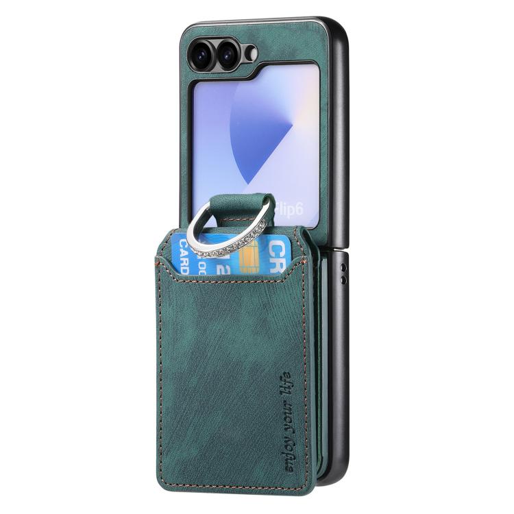Funda tipo cartera con tapa vertical y anillo de cuero retro para Samsung Galaxy Z Flip6 5G (verde)