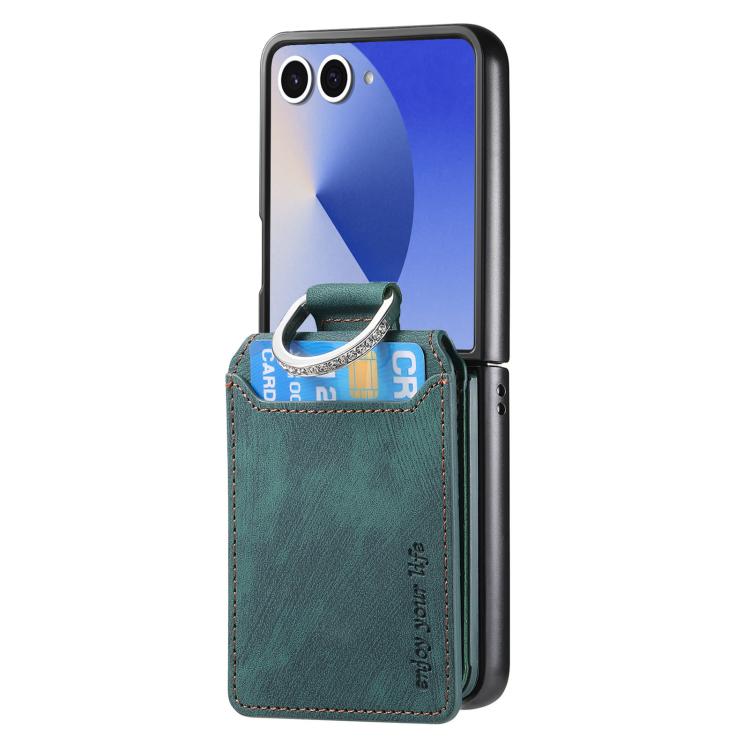 Funda tipo cartera con tapa vertical y anillo de cuero retro para Samsung Galaxy Z Flip7 5G (verde)