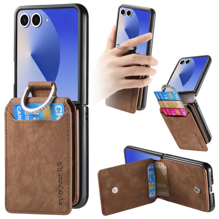 Funda tipo cartera con tapa vertical y anillo de cuero retro para Samsung Galaxy Z Flip7 5G (marrón)