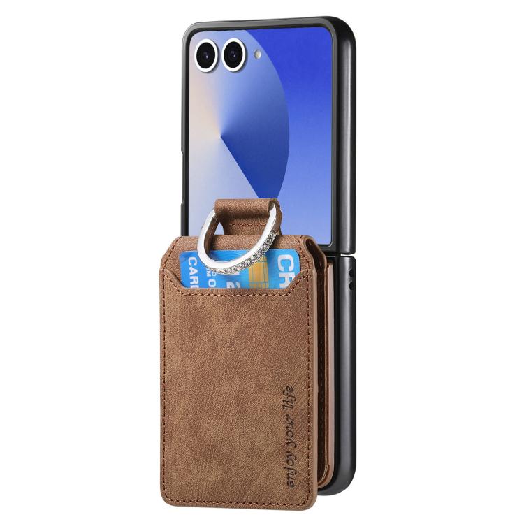 Funda tipo cartera con tapa vertical y anillo de cuero retro para Samsung Galaxy Z Flip7 5G (marrón)