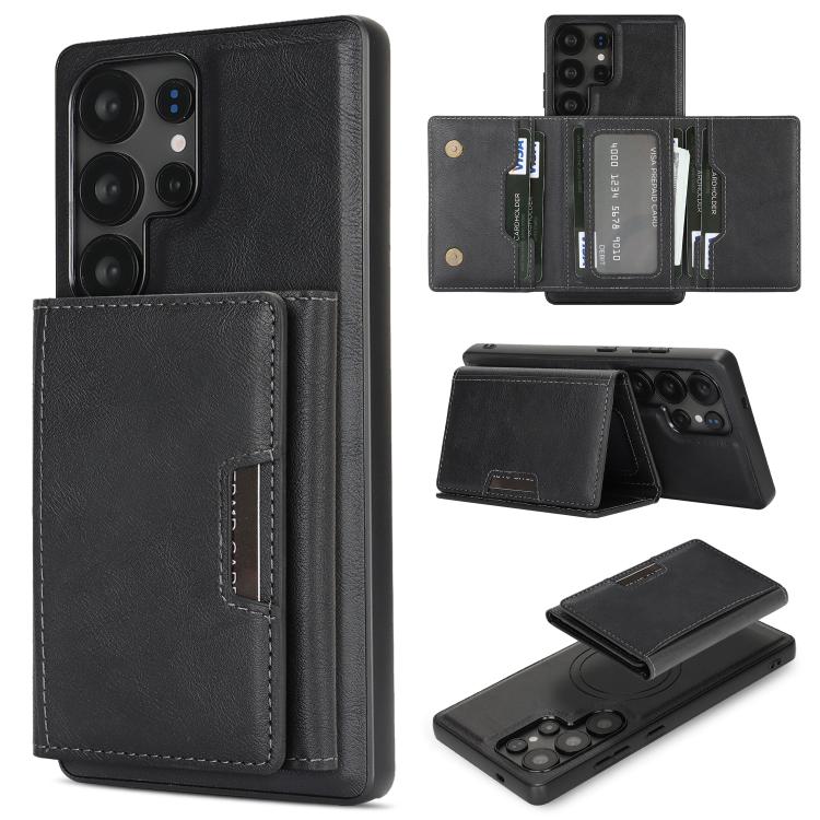 Funda de cuero plegable triple con imán fuerte MagSafe para Samsung Galaxy S22 Ultra 5G (negro)