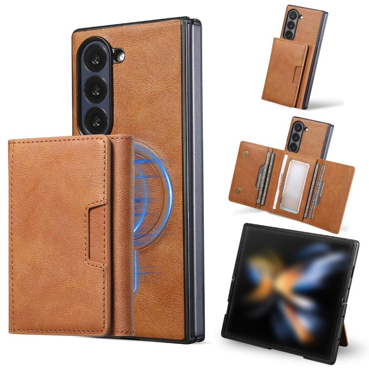 Funda de cuero plegable triple con imán fuerte Kalebol para Samsung Galaxy Z Fold6 (marrón)