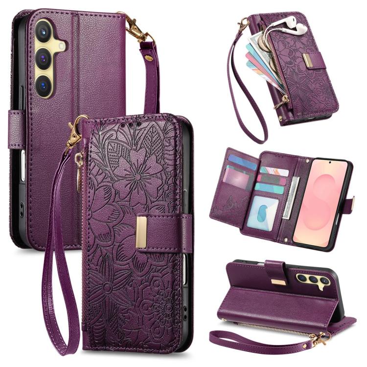 Funda de cuero con cremallera y correa para Samsung Galaxy S25+ 5G, diseño de flores y hojas (morado)