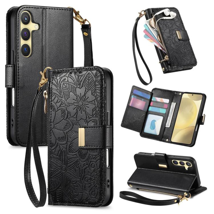 Funda de cuero con cremallera y correa para Samsung Galaxy S24 5G, diseño de flores y hojas (negro)