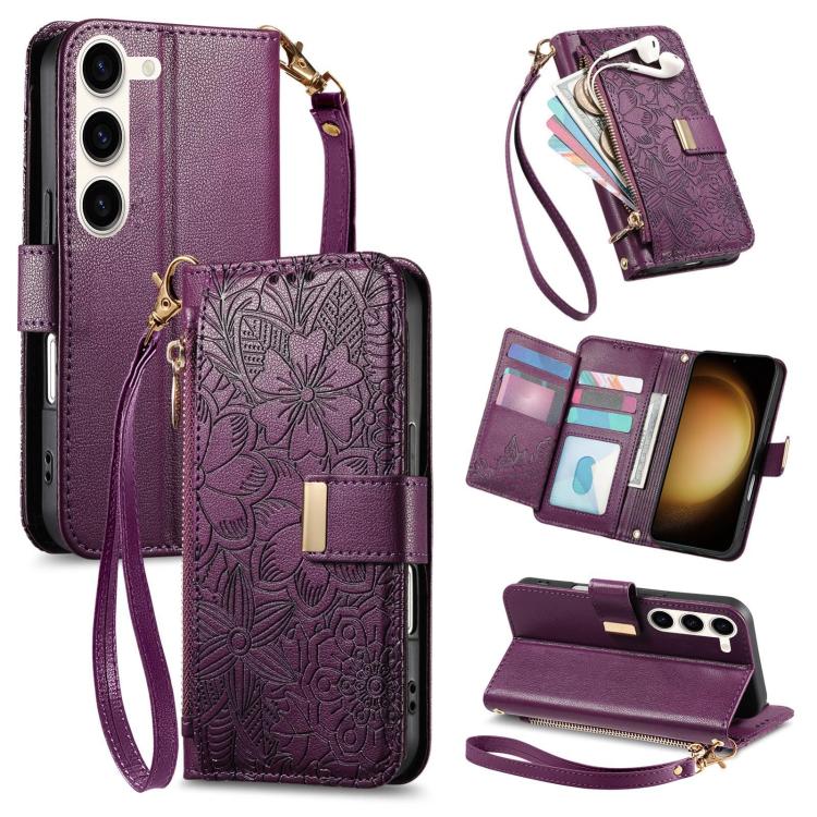 Funda de cuero con cremallera y correa para Samsung Galaxy S23 5G, diseño de flores y hojas (morado)