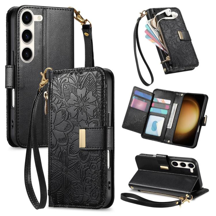 Funda de cuero con cremallera y correa para Samsung Galaxy S23+ 5G, diseño de flores y hojas (negro)