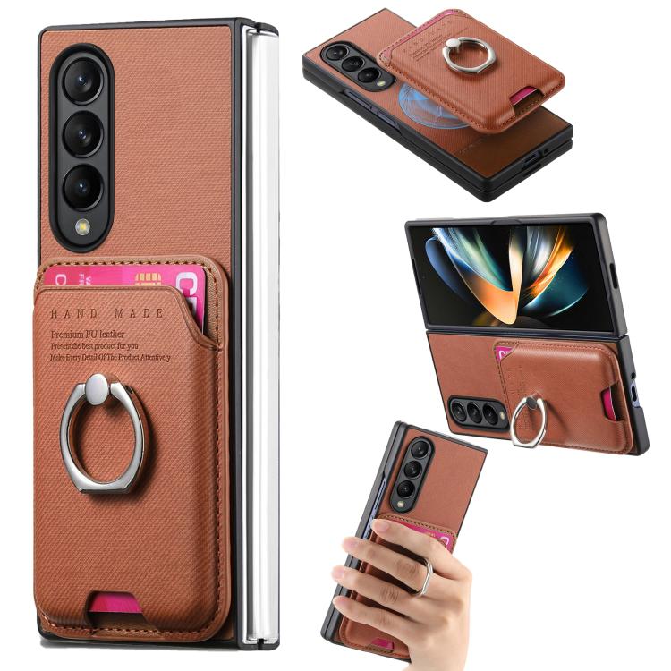 Funda de tela sarga con anillo magnético para Samsung Galaxy Z Fold4 5G (marrón)