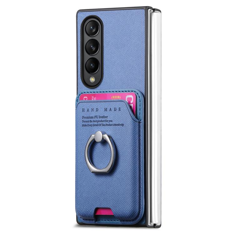 Funda magnética con anillo para Samsung Galaxy Z Fold4 5G, de tela sarga, con tarjetero (azul)