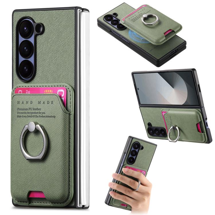 Funda magnética con anillo para Samsung Galaxy Z Fold6 5G, de tela sarga, con tarjetero (verde)
