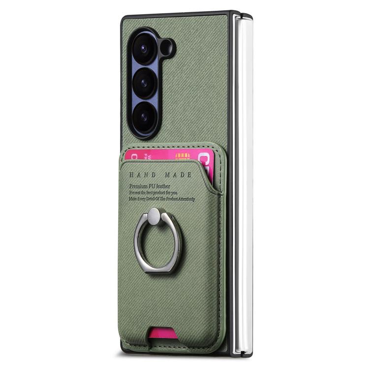 Funda magnética con anillo para Samsung Galaxy Z Fold6 5G, de tela sarga, con tarjetero (verde)