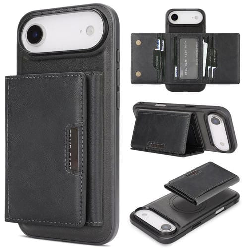 Funda de cuero plegable triple Kalebol con imán fuerte MagSafe para iPhone 17 Air (negro)
