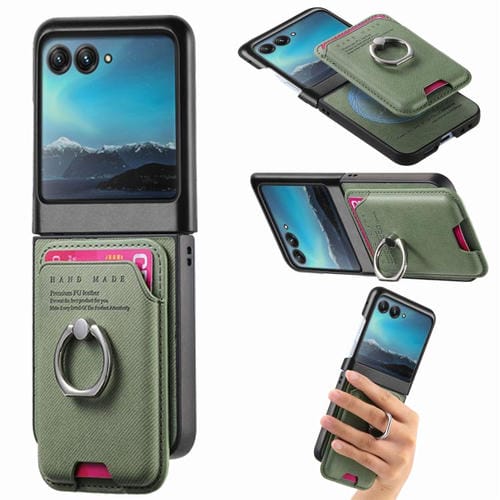 Funda magnética con anillo para Motorola Moto Razr 40 Ultra, de tela sarga, con ranuras para tarjetas (verde)