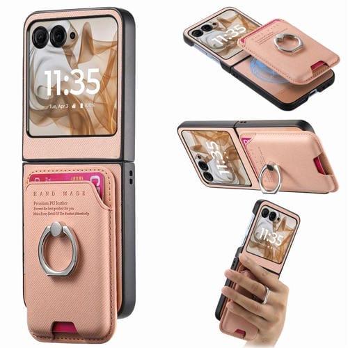 Funda magnética para Motorola Moto Razr 50/60, de tela sarga, con anillo para tarjetas (rosa)