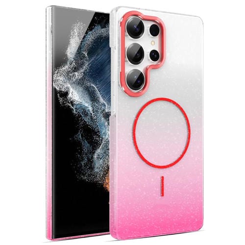 Funda MagSafe a prueba de golpes para Samsung Galaxy S22 Ultra 5G con purpurina dorada y degradado (rojo)