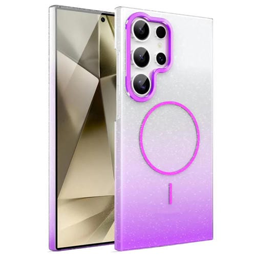 Funda MagSafe a prueba de golpes para Samsung Galaxy S24 Ultra 5G con purpurina dorada y degradado (morado)