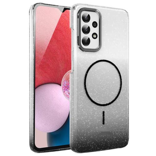 Funda MagSafe a prueba de golpes para Samsung Galaxy A13 4G con purpurina dorada y degradado (negro)