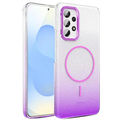 Funda MagSafe a prueba de golpes para Samsung Galaxy A53 5G con purpurina dorada y degradado (morado)