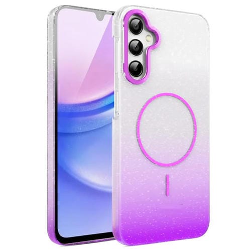 Funda MagSafe a prueba de golpes para Samsung Galaxy A15 4G/5G con purpurina dorada y degradado (morado)