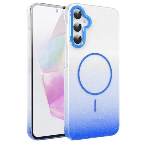 Funda MagSafe a prueba de golpes con degradado de brillo y diamantes dorados para Samsung Galaxy A35 5G (azul)