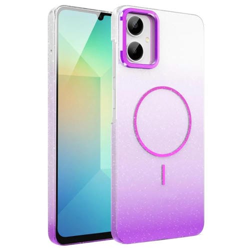Funda MagSafe a prueba de golpes para Samsung Galaxy A06 4G con purpurina dorada y degradado (morado)