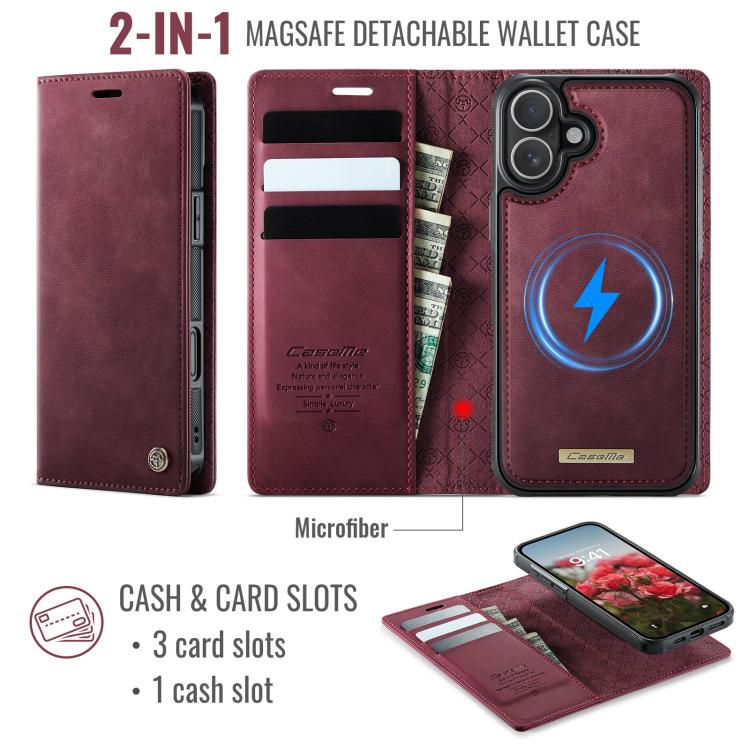 Funda de cuero desmontable CaseMe C49 con bloqueo RFID MagSafe para iPhone 16 (roja)