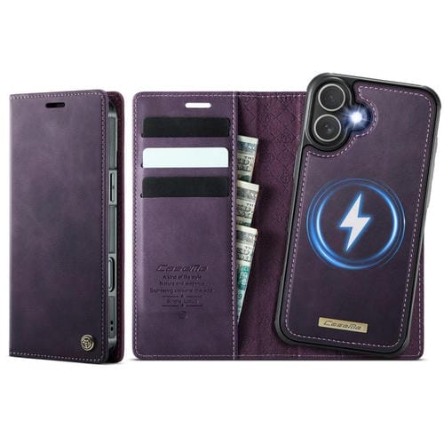 Funda de cuero desmontable CaseMe C49 para iPhone 16 Plus con bloqueo RFID MagSafe (morado)
