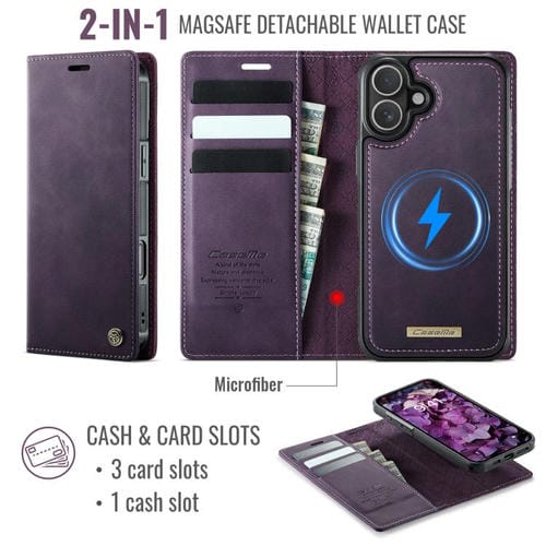 Funda de cuero desmontable CaseMe C49 para iPhone 16 Plus con bloqueo RFID MagSafe (morado)