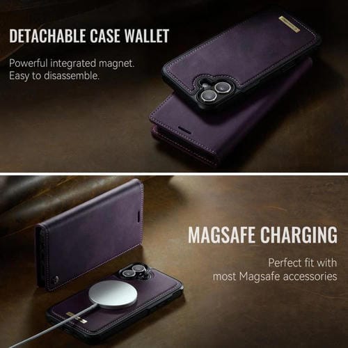 Funda de cuero desmontable CaseMe C49 para iPhone 16 Plus con bloqueo RFID MagSafe (morado)