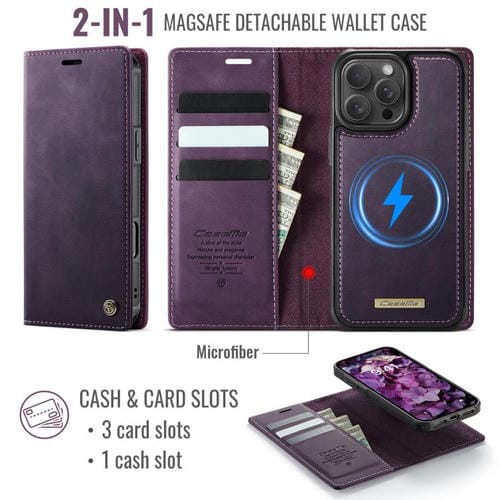Funda de cuero desmontable CaseMe C49 para iPhone 16 Pro, con bloqueo RFID y MagSafe (morado)