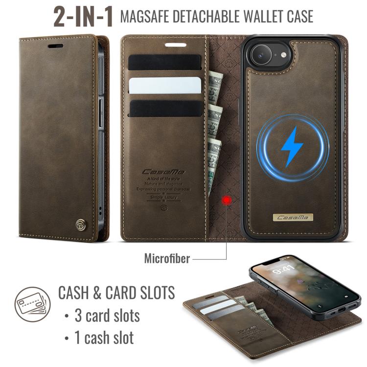 Funda de cuero desmontable CaseMe C49 con bloqueo RFID MagSafe para iPhone 16e (café)