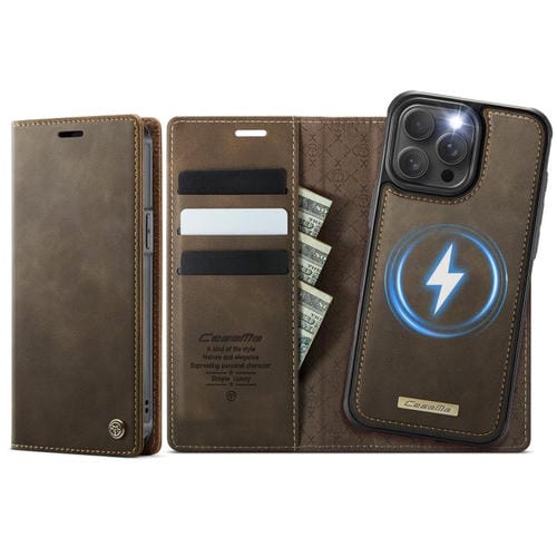 Funda de cuero desmontable CaseMe C49 con bloqueo RFID MagSafe para iPhone 15 Pro Max (café)