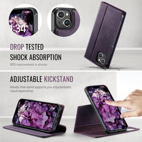 Funda de cuero desmontable CaseMe C49 con bloqueo RFID MagSafe para iPhone 14 (morado)