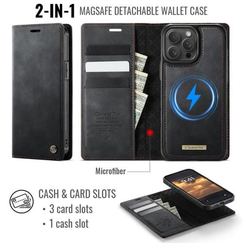 Funda de cuero desmontable CaseMe C49 con bloqueo RFID MagSafe para iPhone 14 Pro Max (negra)