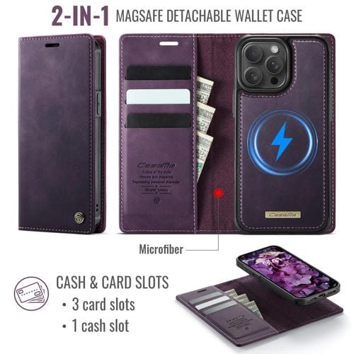 Funda de cuero desmontable CaseMe C49 con bloqueo RFID MagSafe para iPhone 14 Pro Max (morado)